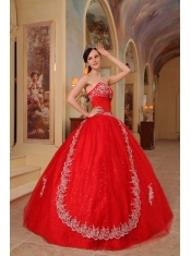 Red Ball Gown Sweetheart Floor-length Organza Embroidery and Beading Quinceanera Dress