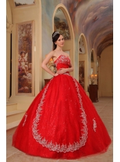 Red Ball Gown Sweetheart Floor-length Organza Embroidery and Beading Quinceanera Dress