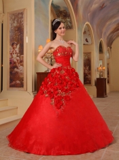 Red Ball Gown Sweetheart Floor-length Organza Handle Made Flowers  Sweet 16 Dress