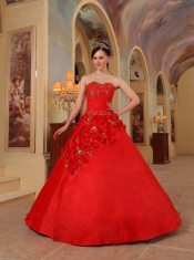 Red Ball Gown Sweetheart Floor-length Organza Handle Made Flowers Sweet 16 Dress