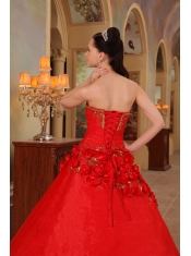 Red Ball Gown Sweetheart Floor-length Organza Handle Made Flowers  Sweet 16 Dress