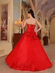 Red Ball Gown Sweetheart Floor-length Organza Handle Made Flowers  Sweet 16 Dress