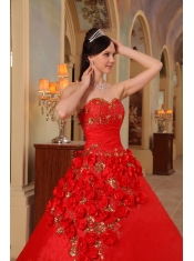 Red Ball Gown Sweetheart Floor-length Organza Handle Made Flowers  Sweet 16 Dress