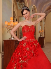 Red Ball Gown Sweetheart Floor-length Organza Handle Made Flowers  Sweet 16 Dress