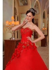 Red Ball Gown Sweetheart Floor-length Organza Handle Made Flowers  Sweet 16 Dress