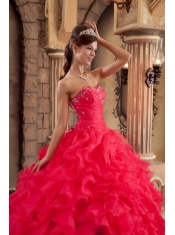 Red Ball Gown Sweetheart Floor-length Organza Ruffles Quinceanera Dress