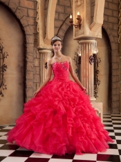 Red Ball Gown Sweetheart Floor-length Organza Ruffles Quinceanera Dress