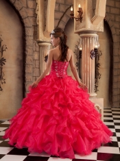 Red Ball Gown Sweetheart Floor-length Organza Ruffles Quinceanera Dress