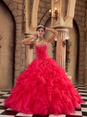Red Ball Gown Sweetheart Floor-length Organza Ruffles Quinceanera Dress