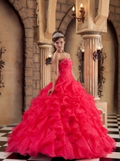 Red Ball Gown Sweetheart Floor-length Organza Ruffles Quinceanera Dress