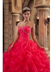 Red Ball Gown Sweetheart Floor-length Organza Ruffles Quinceanera Dress