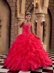 Red Ball Gown Sweetheart Floor-length Organza Ruffles Quinceanera Dress