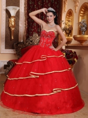 Red Ball Gown Sweetheart Floor-length Satin and Tulle Beading Quinceanera Dress