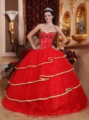 Red Ball Gown Sweetheart Floor-length Satin and Tulle Beading Quinceanera Dress