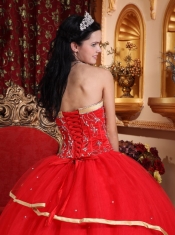 Red Ball Gown Sweetheart Floor-length Satin and Tulle Beading Quinceanera Dress