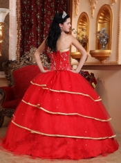 Red Ball Gown Sweetheart Floor-length Satin and Tulle Beading Quinceanera Dress