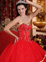 Red Ball Gown Sweetheart Floor-length Satin and Tulle Beading Quinceanera Dress