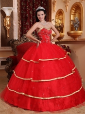 Red Ball Gown Sweetheart Floor-length Satin and Tulle Beading Quinceanera Dress