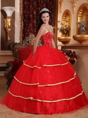 Red Ball Gown Sweetheart Floor-length Satin and Tulle Beading Quinceanera Dress