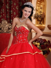 Red Ball Gown Sweetheart Floor-length Satin and Tulle Beading Quinceanera Dress