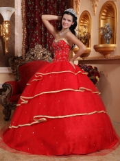 Red Ball Gown Sweetheart Floor-length Satin and Tulle Beading Quinceanera Dress