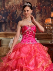 Red Ball Gown Sweetheart Floor-length Taffeta and Organza Beading Quinceanera Dress