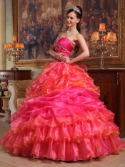 Red Ball Gown Sweetheart Floor-length Taffeta and Organza Beading Quinceanera Dress