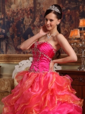 Red Ball Gown Sweetheart Floor-length Taffeta and Organza Beading Quinceanera Dress