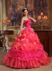 Red Ball Gown Sweetheart Floor-length Taffeta and Organza Beading Quinceanera Dress