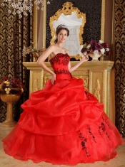 Red Ball Gown Sweetheart Floor-length Taffeta and Organza Embroidery Quinceanera Dress