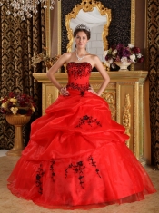 Red Ball Gown Sweetheart Floor-length Taffeta and Organza Embroidery Quinceanera Dress