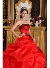 Red Ball Gown Sweetheart Floor-length Taffeta and Organza Embroidery Quinceanera Dress