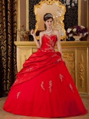 Red Ball Gown Sweetheart Floor-length Taffeta and Tulle Appliques Quinceanera Dress