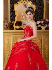Red Ball Gown Sweetheart Floor-length Taffeta and Tulle Appliques Quinceanera Dress