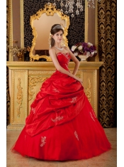 Red Ball Gown Sweetheart Floor-length Taffeta and Tulle Appliques Quinceanera Dress