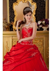 Red Ball Gown Sweetheart Floor-length Taffeta and Tulle Appliques Quinceanera Dress