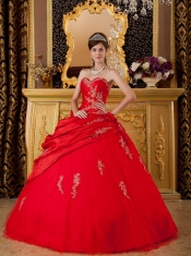 Red Ball Gown Sweetheart Floor-length Taffeta and Tulle Appliques Quinceanera Dress