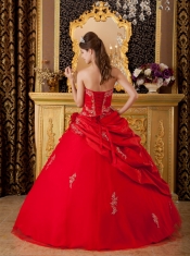 Red Ball Gown Sweetheart Floor-length Taffeta and Tulle Appliques Quinceanera Dress