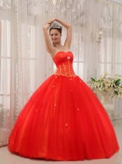 Red Ball Gown Sweetheart Floor-length Taffeta and Tulle Appliques Quinceanera Dress