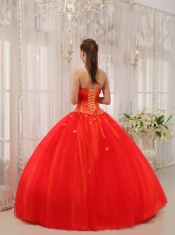 Red Ball Gown Sweetheart Floor-length Taffeta and Tulle Appliques Quinceanera Dress
