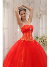 Red Ball Gown Sweetheart Floor-length Taffeta and Tulle Appliques Quinceanera Dress
