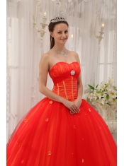 Red Ball Gown Sweetheart Floor-length Taffeta and Tulle Appliques Quinceanera Dress