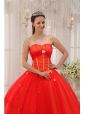Red Ball Gown Sweetheart Floor-length Taffeta and Tulle Appliques Quinceanera Dress