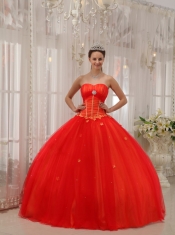 Red Ball Gown Sweetheart Floor-length Taffeta and Tulle Appliques Quinceanera Dress