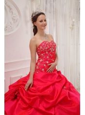 Red Ball Gown Sweetheart Floor-length Taffeta Appliques Quinceanera Dress