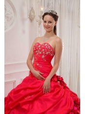 Red Ball Gown Sweetheart Floor-length Taffeta Appliques Quinceanera Dress