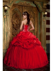 Red Ball Gown Sweetheart Floor-length Taffeta Beading and Appliques Quinceanera Dress