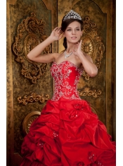 Red Ball Gown Sweetheart Floor-length Taffeta Beading and Appliques Quinceanera Dress