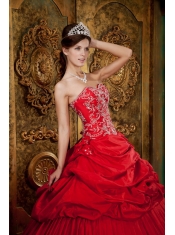 Red Ball Gown Sweetheart Floor-length Taffeta Beading and Appliques Quinceanera Dress