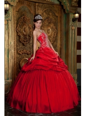 Red Ball Gown Sweetheart Floor-length Taffeta Beading and Appliques Quinceanera Dress